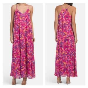 NWT Nicole Miller Muted Floral Pink Satin Slip Maxi Dress M Pockets Shelf Bra